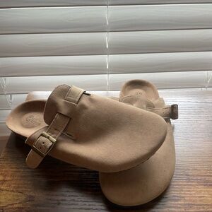 Tan Suede Buckle Clogs